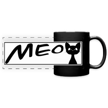 süße Katze MEOW Katzen Kater Miezekatze - Panorama-Tasse farbig - Schwarz - Vorne