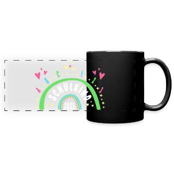 Schulkind 2025 Regenbogen mit Herzen - Panorama-Tasse farbig - Schwarz - Vorne
