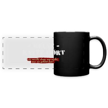 Meine Katze hört! - Panorama-Tasse farbig - Schwarz - Vorne