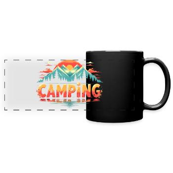 Camping Schriftzug - Berg Panorama Sonnenuntergang - Panorama-Tasse farbig - Schwarz - Vorne