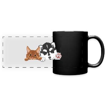 Lustige Ingwerkatze und Husky-Hund - Panorama-Tasse farbig - Schwarz - Vorne