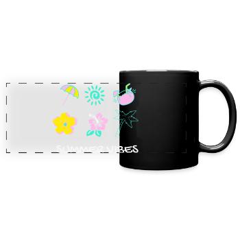 Pastell-Sommerstimmung: Palmen und Blumen - Panorama-Tasse farbig - Schwarz - Vorne