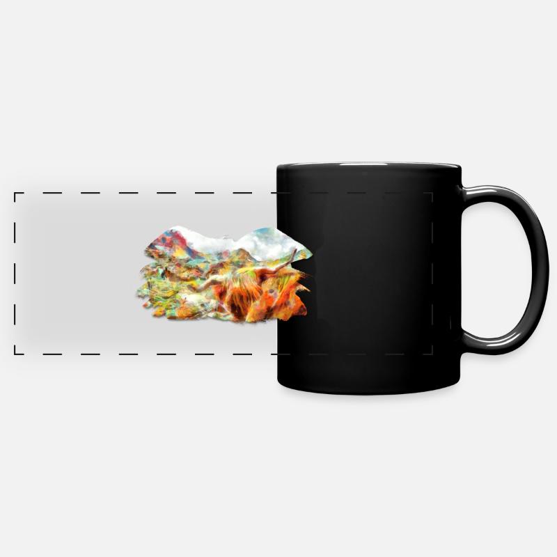 Highland cattle in the mountains - Full Colour Panoramic Mug - black