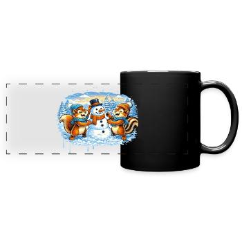 Drôle d’animaux d’hiver construisant un bonhomme de neige – Bande dessinée - Mug panoramique uni - noir - Devant