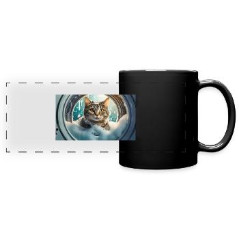 Wortspiel – Katzenwäsche - Panorama-Tasse farbig - Schwarz - Vorne