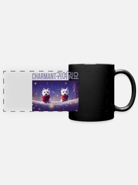 Adorable snowy white westie dogs under the snow - Full Colour Panoramic Mug - black