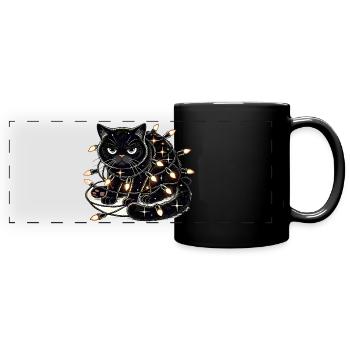 Grumpy Christmas Cat. Miau aber bitte ohne Lametta - Panorama-Tasse farbig - Schwarz - Vorne