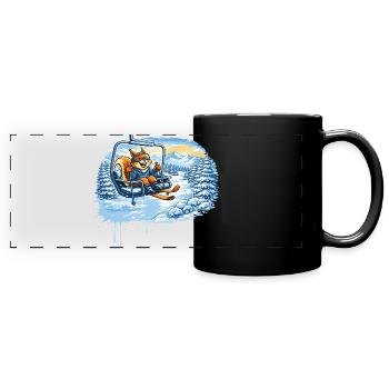 Lustiges Eichhörnchen im Skilift –Winterspaß Motiv - Panorama-Tasse farbig - Schwarz - Vorne