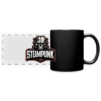 Steampunk Schädel – Mechanisches Retro Motiv - Panorama-Tasse farbig - Schwarz - Vorne