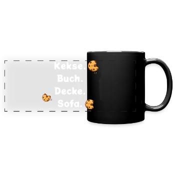 Kekse. Buch. Decke. Sofa. - Panorama-Tasse farbig - Schwarz - Vorne