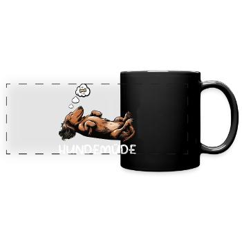 Hundemüde Langhaardackel Dackel Dackelhalter  - Panorama-Tasse farbig - Schwarz - Vorne
