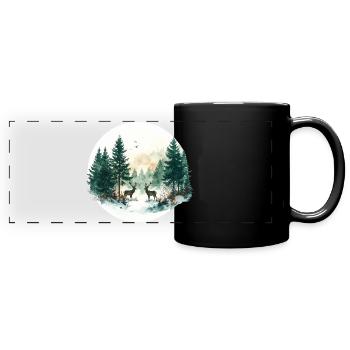 Waldtiere im Wald – Weihnachtsaquarell - Panorama-Tasse farbig - Schwarz - Vorne
