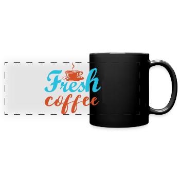 Frischer Kaffee – bunte Inschriften - Panorama-Tasse farbig - Schwarz - Vorne