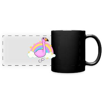 Flamingo und ein Regenbogen-Cartoon - Panorama-Tasse farbig - Schwarz - Vorne