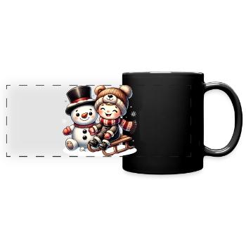 Schneemann und lachendes Kind – pure Winterfreude - Panorama-Tasse farbig - Schwarz - Vorne
