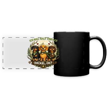 Dackel Natur Wappen Motiv mit Herz und Spruch - Panorama-Tasse farbig - Schwarz - Vorne