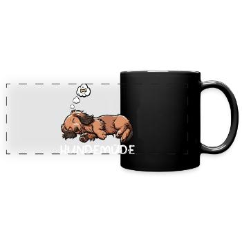 Hundemüde Langhaardackel Dackel Dackelhalter  - Panorama-Tasse farbig - Schwarz - Vorne
