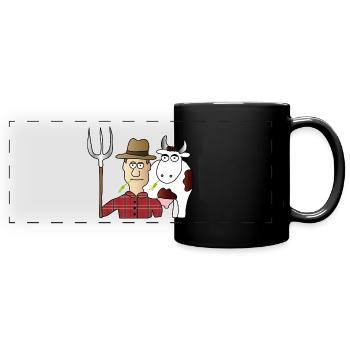 Bauer & Kuh | Landwirt | Kühe | Melken | Mistgabel - Panorama-Tasse farbig - Schwarz - Vorne