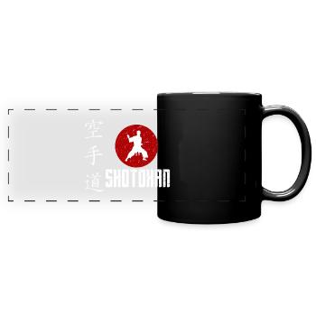 Karateka Design mit Kanji und aufgehende Sonne - Panorama-Tasse farbig - Schwarz - Vorne