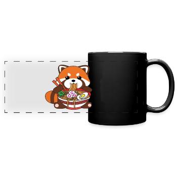 Cute Kawaii Red Panda Eating Ramen Noodles - Full Colour Panoramic Mug - black - Front