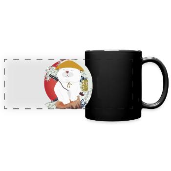 Chat samouraï assis sur le bois - Mug panoramique uni - noir - Devant