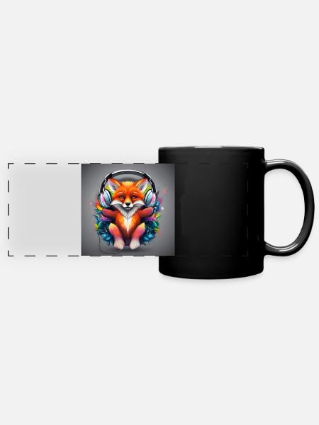 Fuchs mit Kopfhörer Farbexplosion - Panorama-Tasse farbig - Schwarz