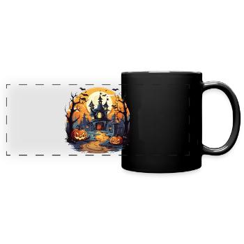 Halloween Geisterhaus Schloss Kürbis Fledermaus - Panorama-Tasse farbig - Schwarz - Vorne