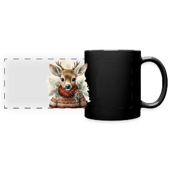 Hirsch im Winterpullover - Panorama-Tasse farbig - Schwarz - Vorne
