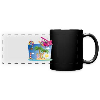 Sonne, Insel, Flugzeug, Palmen, Heißluftballon - Panorama-Tasse farbig - Schwarz - Vorne