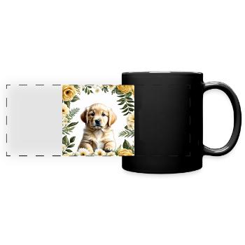 Cute puppy in flower wreath - Full Colour Panoramic Mug - black - Front
