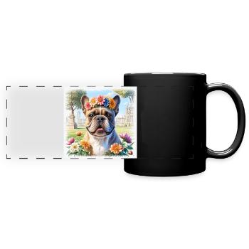 Frühling Französische Bulldogge mit Blumenkranz - Panorama-Tasse farbig - Schwarz - Vorne