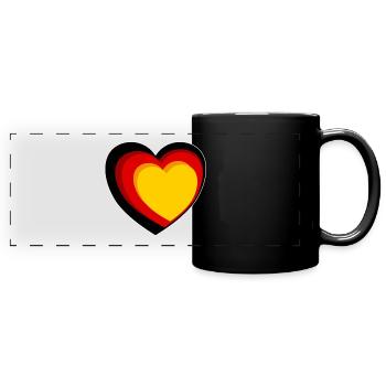 3D-Herz in Schwarz-Rot-Gold - Panorama-Tasse farbig - Schwarz - Vorne