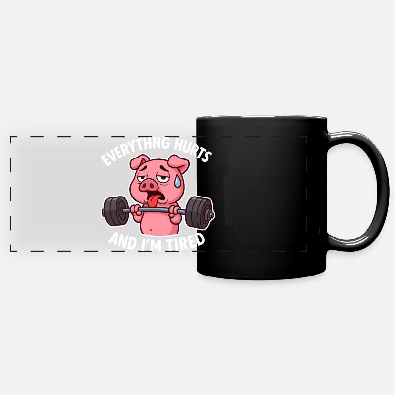 Exhausted Pig Lifting Weights Design - Full Colour Panoramic Mug - black