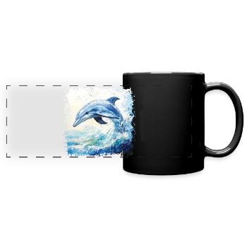 Lebensfroher Delfin im Aquarell-Wirbel - Panorama-Tasse farbig - Schwarz - Vorne