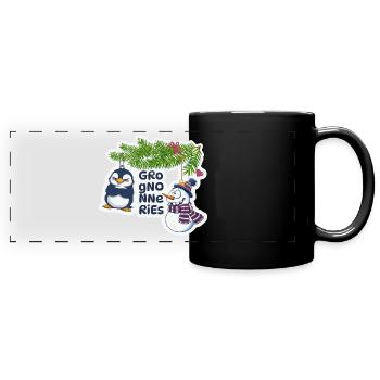 Noël Humoristique Pingouin et Bonhomme de neige - Mug panoramique uni - noir - Devant