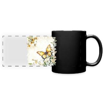 Aquarellschmetterling im Frühlingsgarten - Panorama-Tasse farbig - Schwarz - Vorne