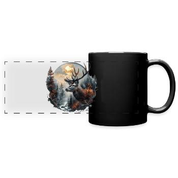 Cerf mystique dans la forêt de nuages / Costume traditionnel / Chasse - Mug panoramique uni - noir - Devant