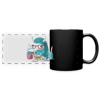 Strickendes Einhorn - Panorama-Tasse farbig - Schwarz - Vorne