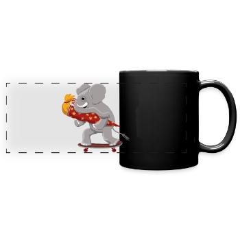 Elefant mit Skateboard und Schultüte - Panorama-Tasse farbig - Schwarz - Vorne