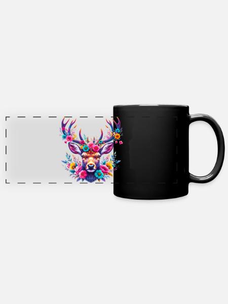 Hirsch mit Blumen geschmückt - Panorama-Tasse farbig - Schwarz