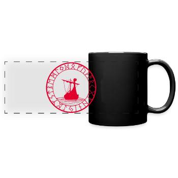 Rotes Wikinger-Langschiff und Kompass - Panorama-Tasse farbig - Schwarz - Vorne