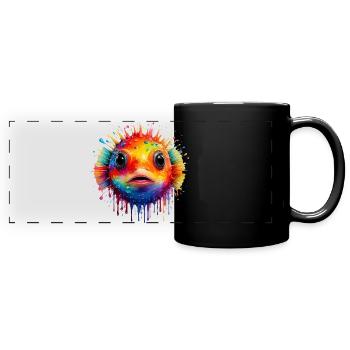 Farbexplosion Pufferfisch Kunstdruck - Panorama-Tasse farbig - Schwarz - Vorne