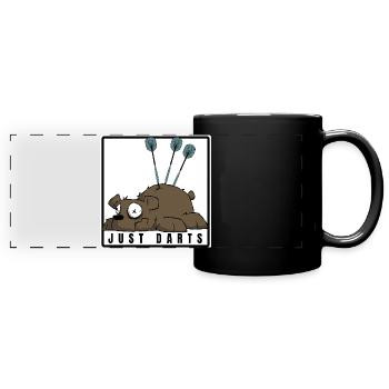 Lustiges Darts Comic Motiv. JUST DARTS - Panorama-Tasse farbig - Schwarz - Vorne
