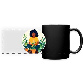 Frau beim Pflanzen eintopfen Topf Garten Motiv - Panorama-Tasse farbig - Schwarz - Vorne