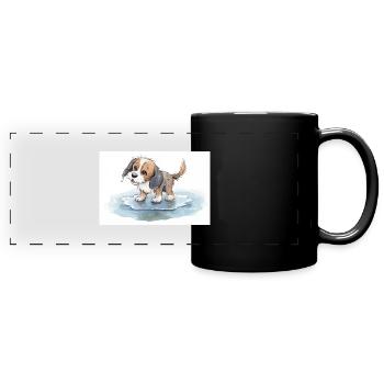 Happy dog playing in a rain puddle - Full Colour Panoramic Mug - black - Front