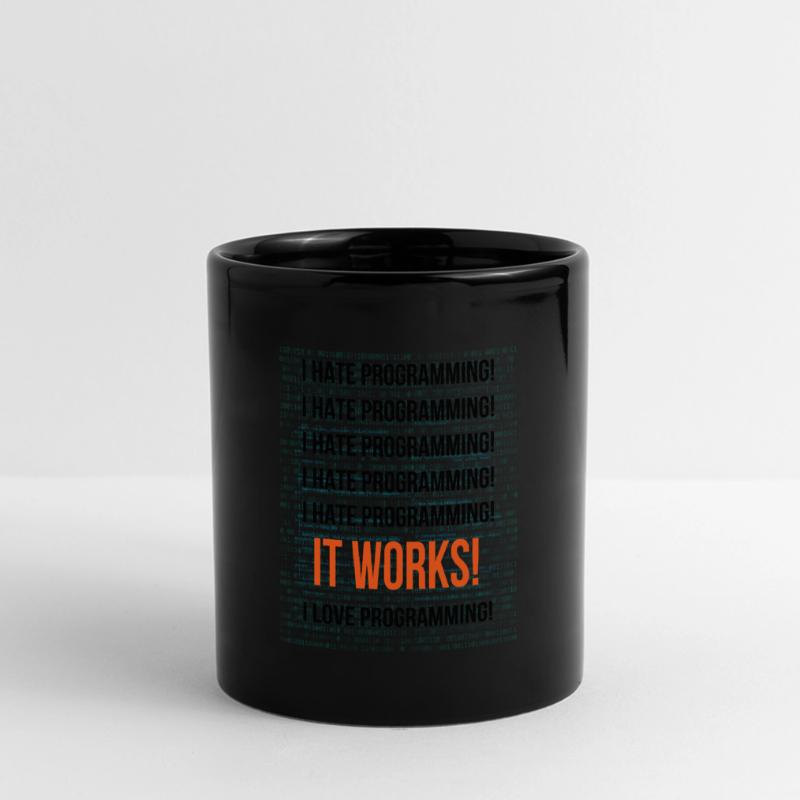 I hate programming It works I love programming Panorama-Tasse farbig