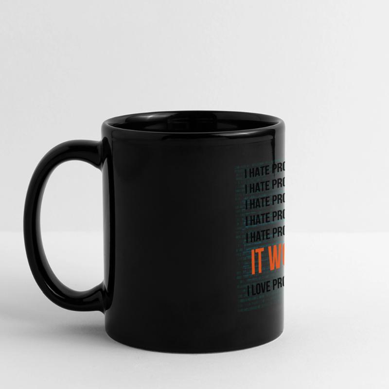 I hate programming It works I love programming Panorama-Tasse farbig