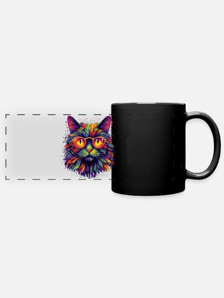 Bunte Katze mit Brille - Panorama-Tasse farbig - Schwarz
