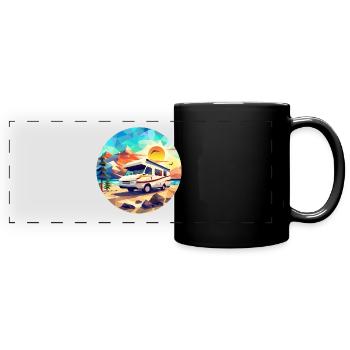 Retro Camping Design – Low Poly Tent & Camper - Full Colour Panoramic Mug - black - Front