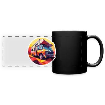 Retro Camping Design – Low Poly Tent & Camper - Full Colour Panoramic Mug - black - Front